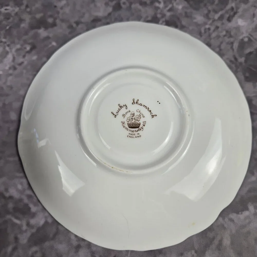 Hammersley & Co Lucky Shamrock Tea Cup & Saucer Bone China Gold Trim Vintage